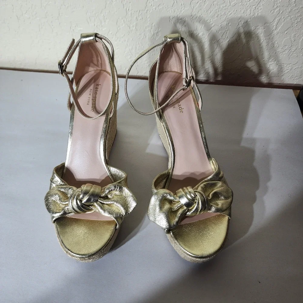 Kate Spade New York Gold Metallic Bow Espadrille Wedge Sandals Womens 9